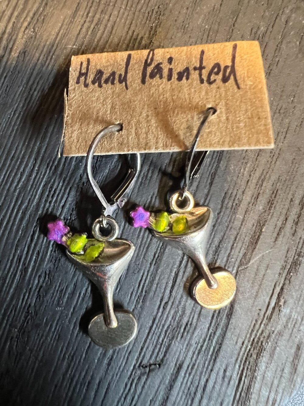 Martini Glass Earrings, Hand Painted, Silvertone, Leverback